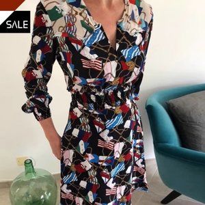 New printed V-neck long sleeve elastic waistband slimming A- line  dress